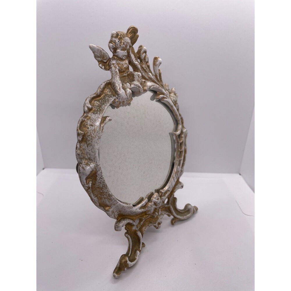 Art Nouveau Antique 6" H Cast Iron Mirror w/ Swing Arm Stand & Cherub On Top
